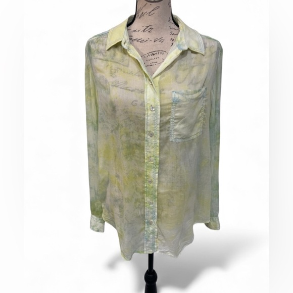 Pilcro Anthropologie Sheer Watercolor Button Down Blouse Yellow Green Size S